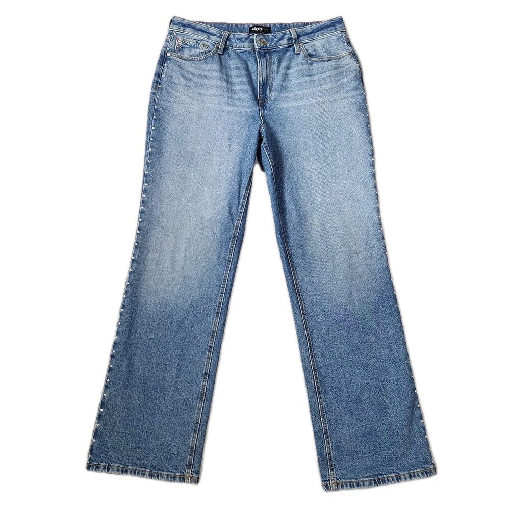 Edgely Jeans Straight Leg Silver Side Studs Medium Wash Blue Denim Womens 14